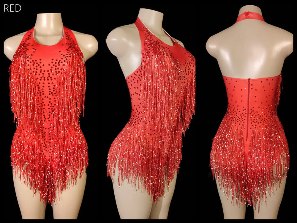 falapala Stunning Red Sequin Fringe Dance Costume - Shine on the Dance Floor
